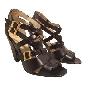 Saks Fifth Avenue Lyle Black Leather Heels Strappy Zip Open Toe Pumps  6.5M